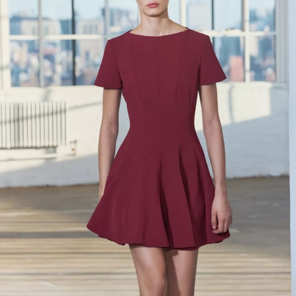 Zara NWT Burgundy cinched waist mini dress with flowy skirt - Picture 2 of 8